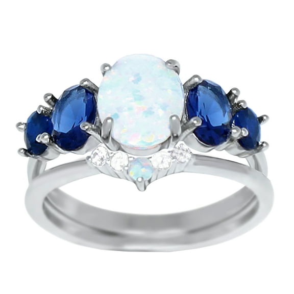 LaRaso & Co Opal Blue Sapphire CZ Unique Wedding Engagement Ring Set Size 7