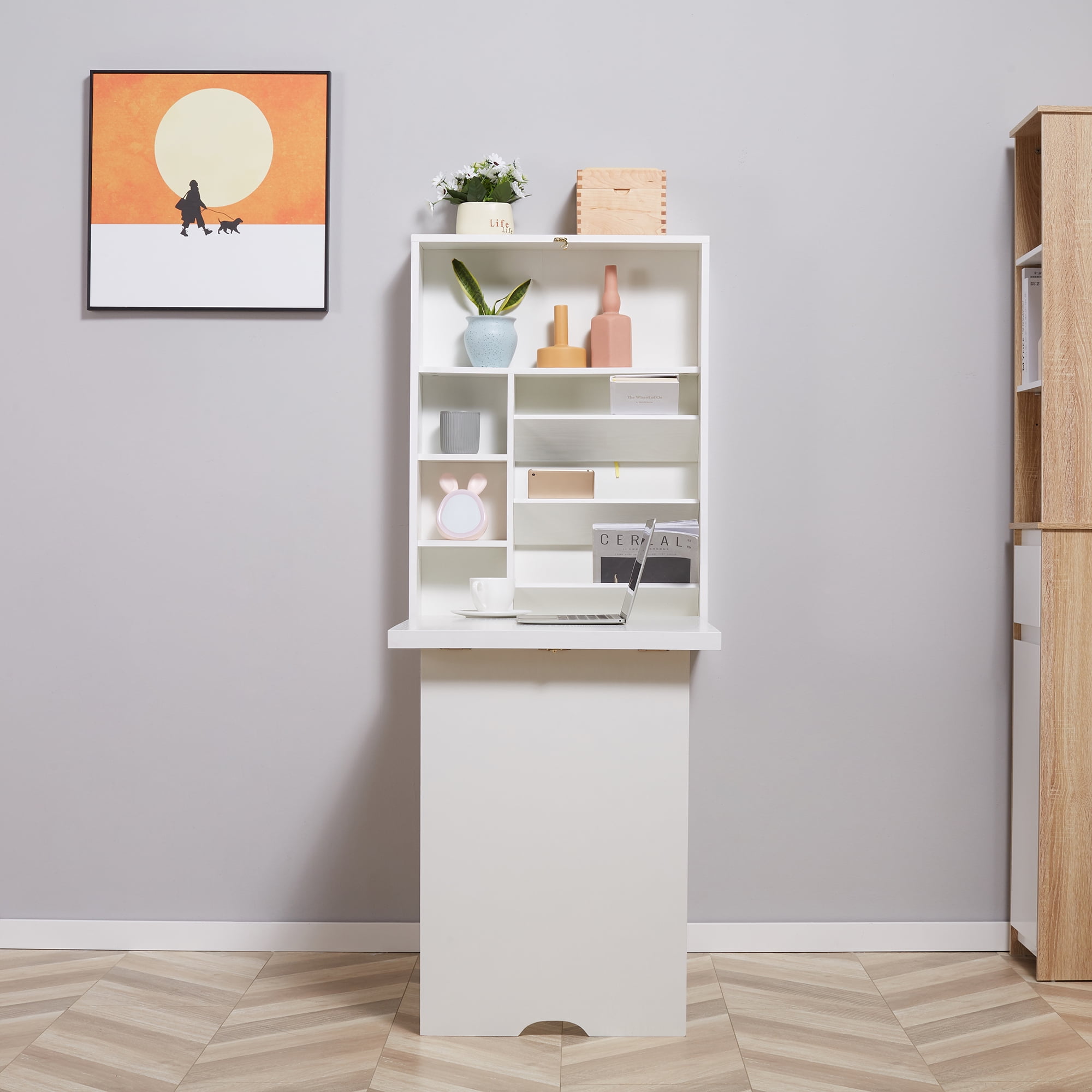 Homcom compact fold out wall sale mounted convertible desk with storage