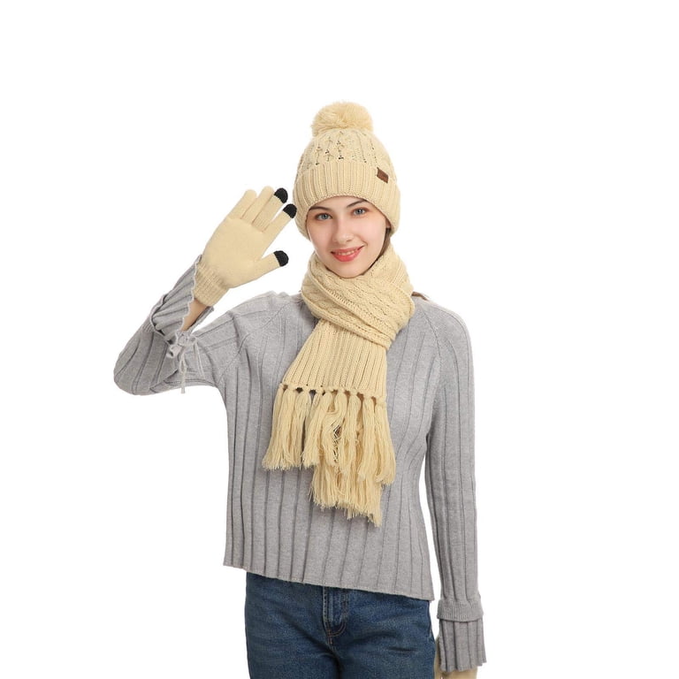 Womens Winter Knit Hat Scarf Gloves Set Touch Screen Thermal Warm Accessories Womens Winter Warm Knit Beanie Hat Long Scarf Touchscreen  main image 3