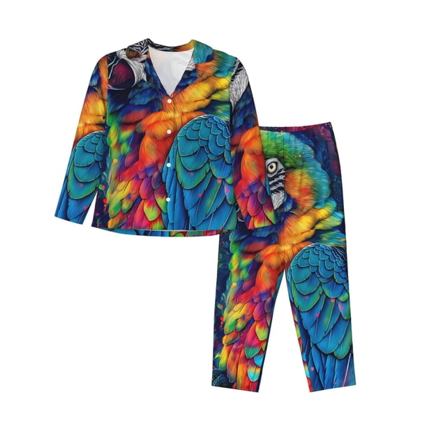 Balery Vibrant Rainbow Parrot Fantasy Conjunto de Pijama con Estampado para Mujer, Conjunto de Dos Piezas con Manga Larga, Ropa de Dormir Suave con Bolsillos, Pijamas Cómodos-X-Large