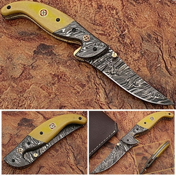 Alaska Mariners Folding Damascus Knife Pattern Welded Bolster Camel Bone Grip