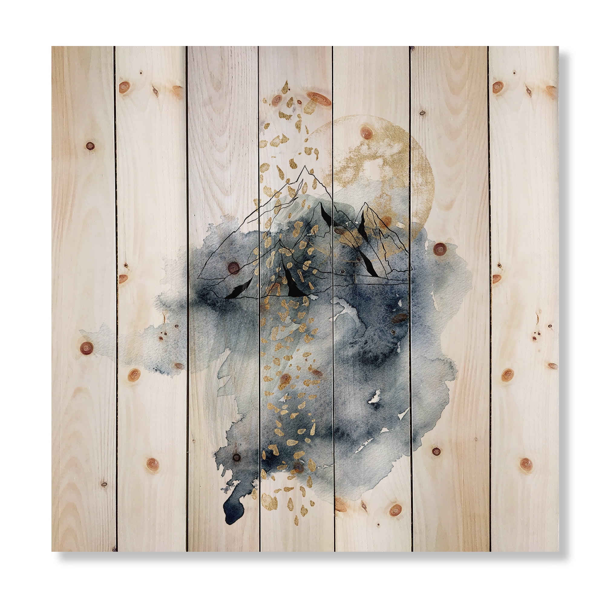 Designart 'Minimalistic Landscape of Moon With Mountains' Modern Print on Natural Pine Wood