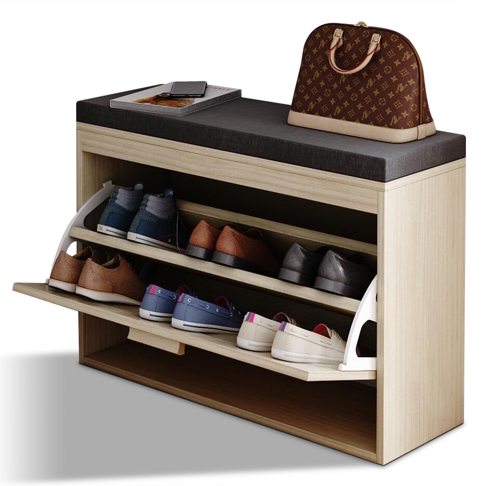 2-Tier Wood Rattan Shoe Storage Bench, Entryway Flip Top Shoe Cabinet with  Padded Seat and Shelf, Shoe Oiganizer Shelf