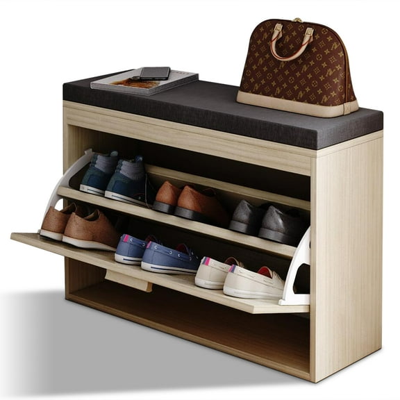 Ktaxon Entryway Shoe Bench with Shoe Cabinet Rattan Flip Drawer & Padded Seat Cushion, Hallway Storage Bench Shoe Rack Organizer for Bedroom Living Room, Natural