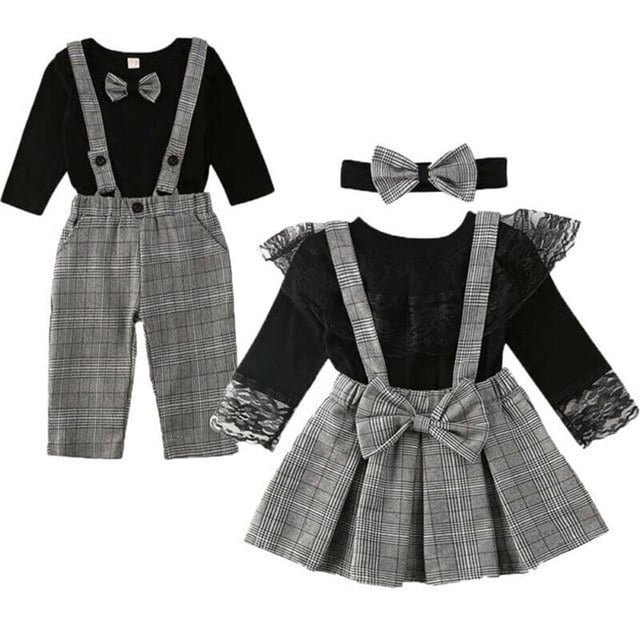 Boys And Girls Ins Style Suspender Lace Skirt European American Knitted Cotton Romper Woven Plaid Fashion SuitBrother clothes6M-70 He Qiyong unisex