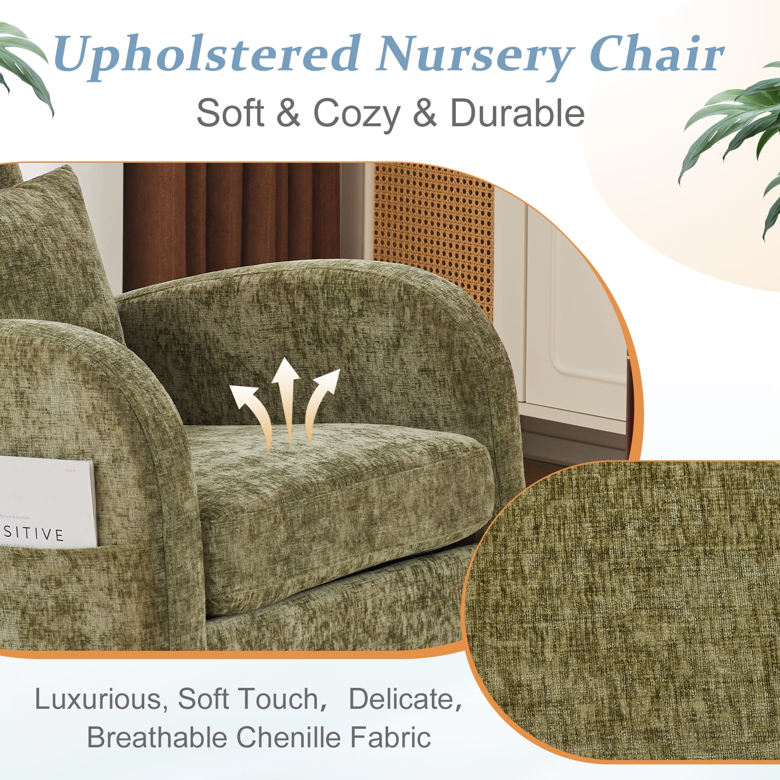 Ktaxon Rocking Accent Chair Glider Reading Chair Comfy Chenille Upholstered Single Sofa Rocker for Living Room, Nursery, Bedroom Olive Green