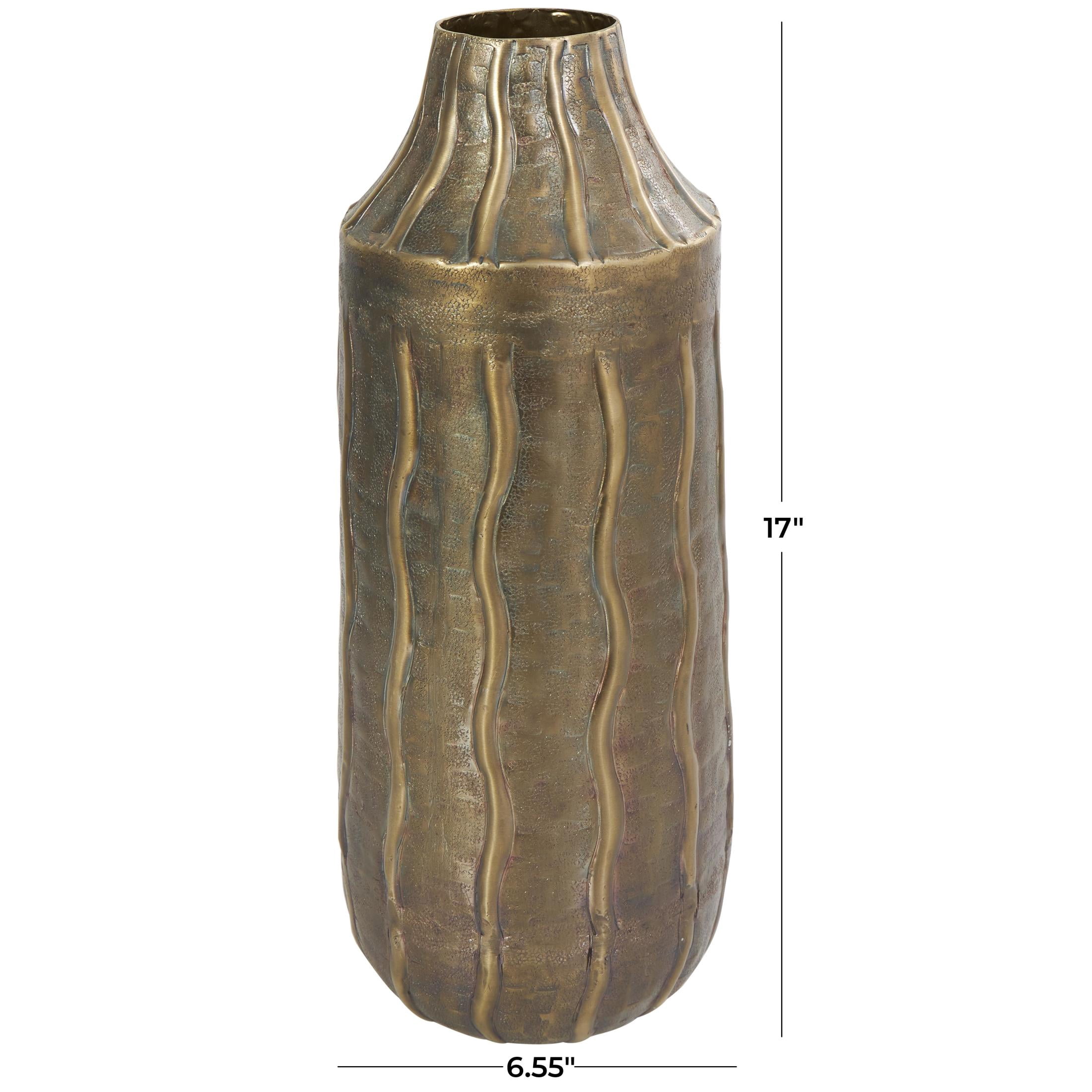 DecMode Brass Metal Snakeskin Inspired Decorative Vase with Dimensional Wavy Accents, 7" x 7" x 17"