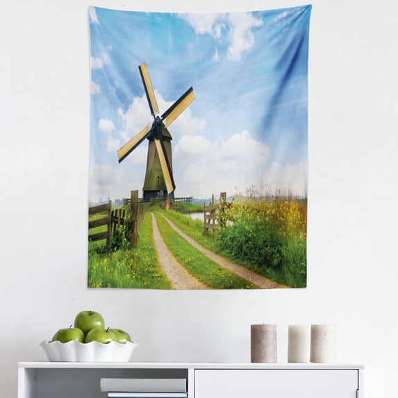Windmill Tapestry, Blooming Spring Field in Holland Old Traditional Architecture, Fabric Wall Hanging Decor for Bedroom Living Room Dorm, 5 Sizes, Pale Blue Apricot, by Ambesonne