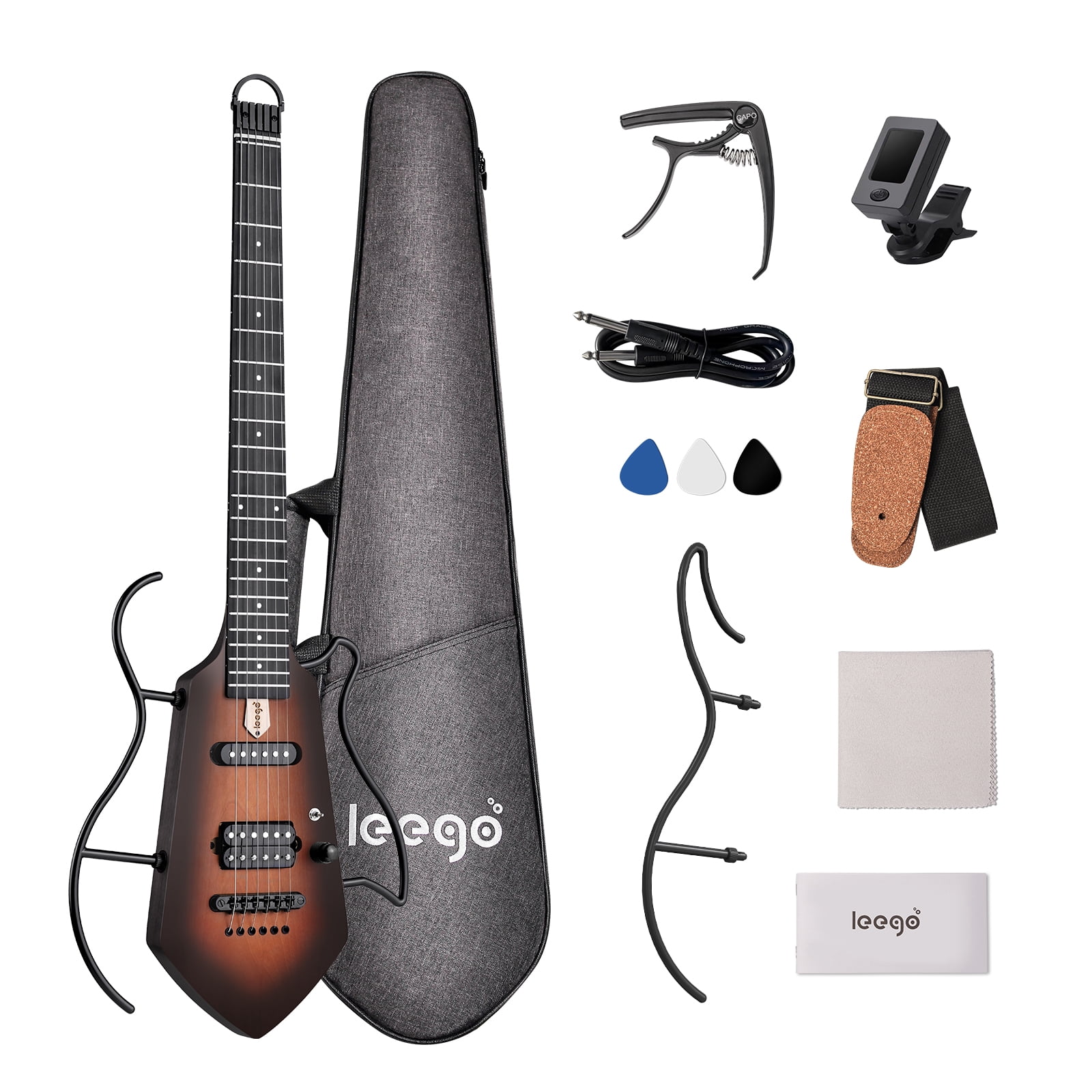 Compact Electric Guitar, Small Lightweight Headless Guitar for Travel and Practice, Portable Solid Body Easy Assemble Stands wtih Gig Bag, Sunset