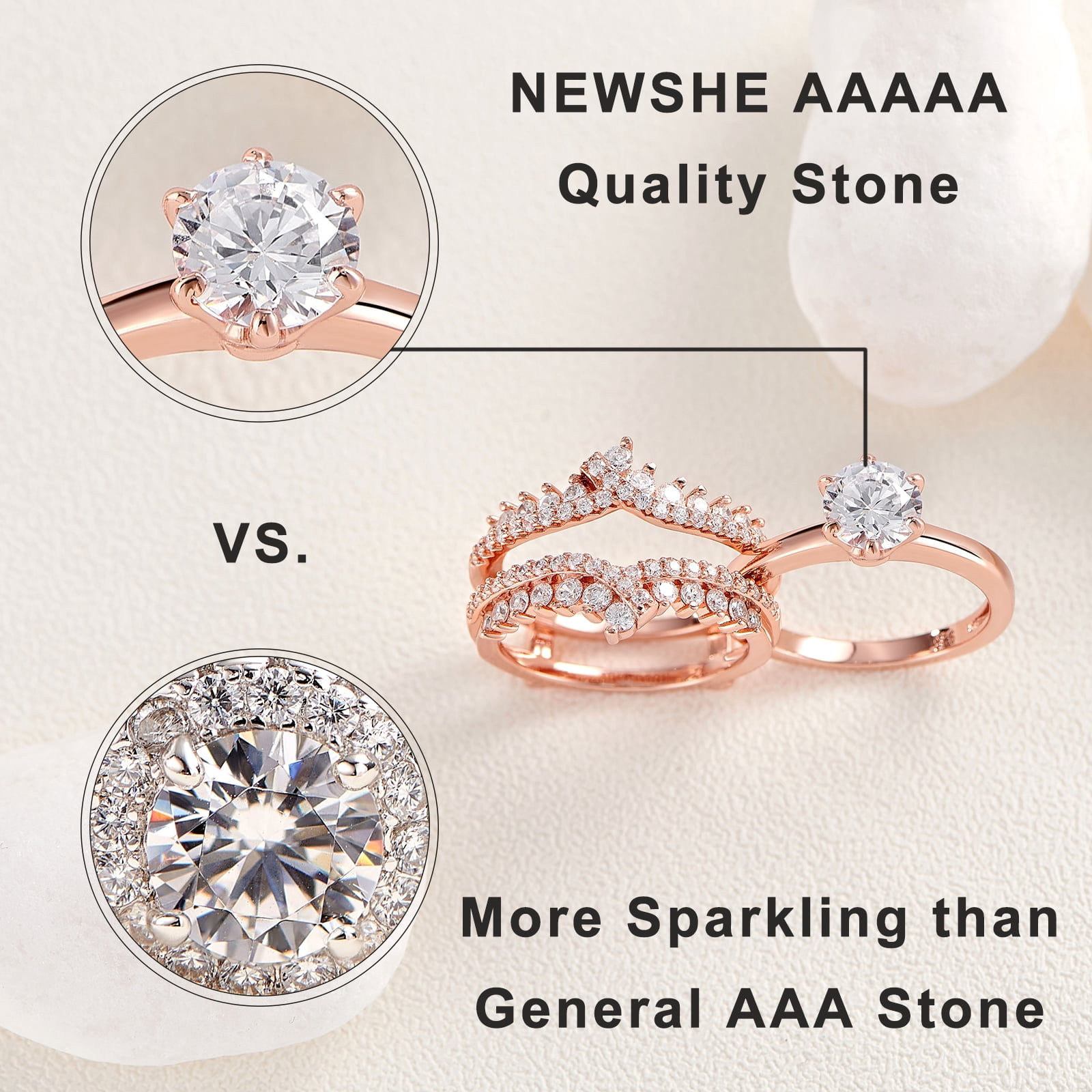 Newshe Wedding Rings for Women Engagement Ring Enhancer Band Bridal Set Sterling Silver 1.8Ct Cz Rose Gold Plated Size 7.5