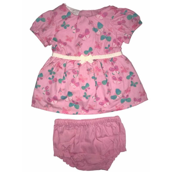 Infant Girls Pink Butterfly Flared Baby Dress Bow Front & Diaper Cover Set 3-6M