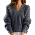 thumbnail image 1 of Suéteres de Cuello en V para Mujer, Blusa Holgada Informal de Punto de Larga, para Otoño. Gris L, 1 of 3