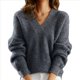 thumbnail image 1 of Suéteres de Cuello en V para Mujer, Blusa Holgada Informal de Punto de Larga, para Otoño. Gris XL, 1 of 3