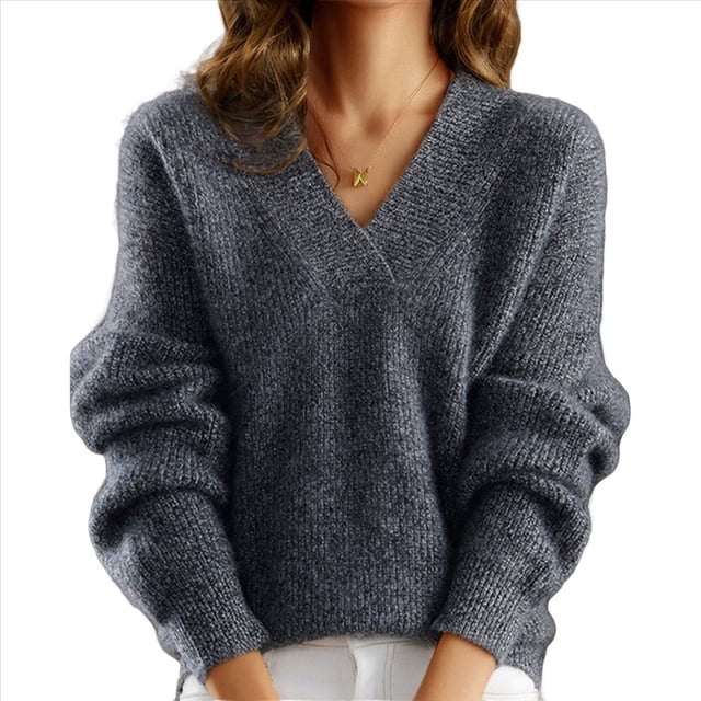 Suéteres de Cuello en V para Mujer, Blusa Holgada Informal de Punto de Larga, para Otoño. Gris L