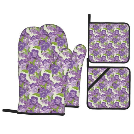 

Oven Mitts and Pot Holders 4 pcs Set Violets Flowers Green Leaves Heat Resistant Pot Holders Oven Mitts for kitchen Non-Slip Hanging Loop Oven Glove Potholders for Baking Cooking