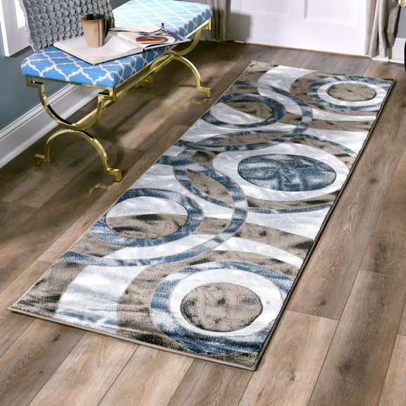 MDA Rug Imports Orelsi Collection Abstract Area Rug Blue/Brown 2'8" x 8'1" Runner Runner Geometric,Abstract Stain Resistant 8' Runner Indoor,Runner