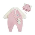thumbnail image 2 of Rciityk 3PC Newborn Baby Girl Boy Fleece Romper Winter Clothes Cute Printed Crewneck Long Sleeve Button Bodysuit Outfits with Hat and Rabbit Doll, 2 of 7