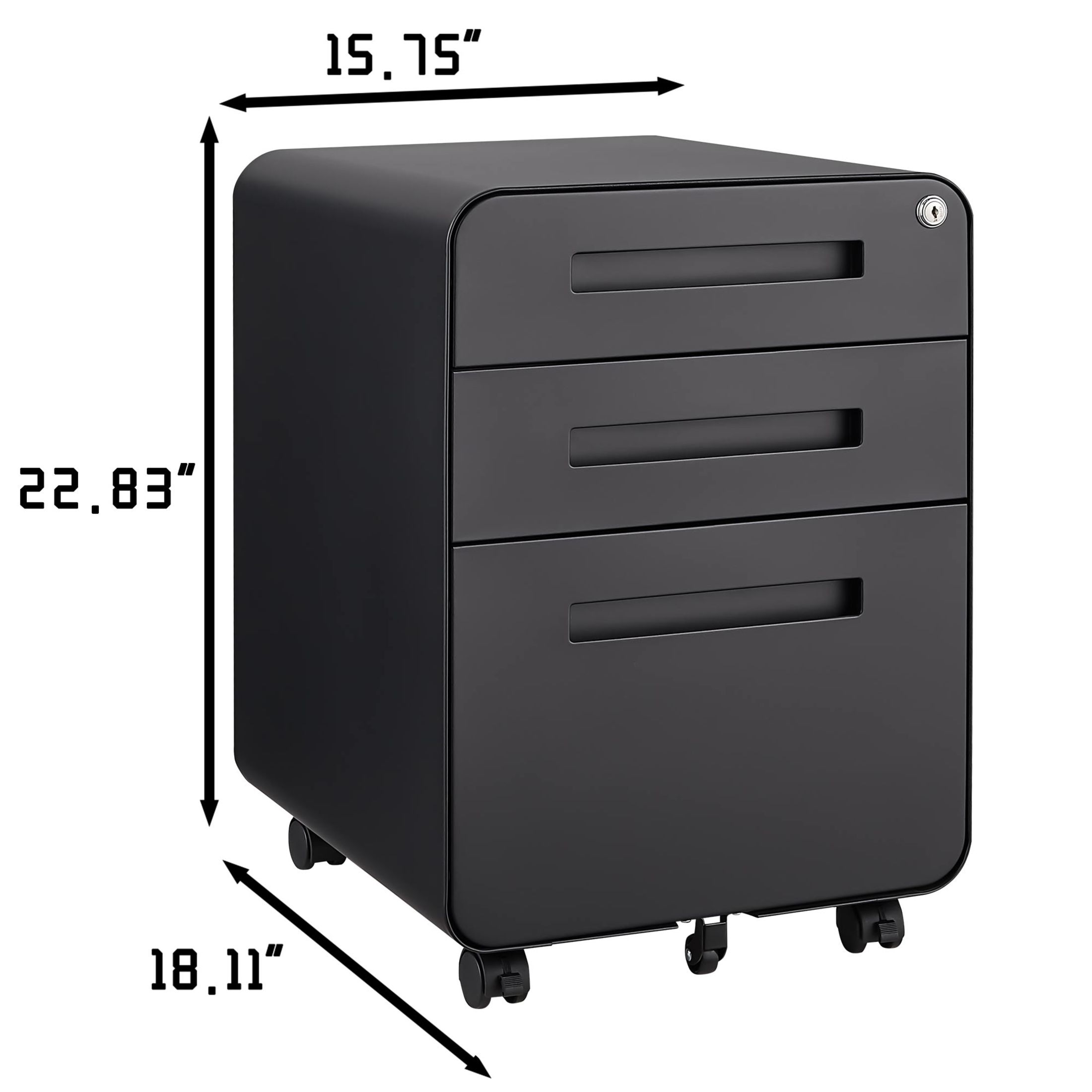 Noble House Steel Rounded 3-Drawer Mobile Filing Cabinet, Legal File Storage with 5 Wheels, Black