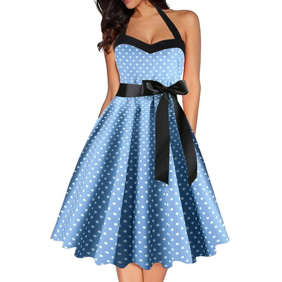 GDREDA Polka Dot Strapless Waist Defining Midi Dress with Elegant Neck Design Blue,S