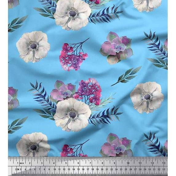 Soimoi Cotton Poplin Fabric Leaves,Succulent & Anemone Flower Print Fabric by the Yard 56 Inch Wide