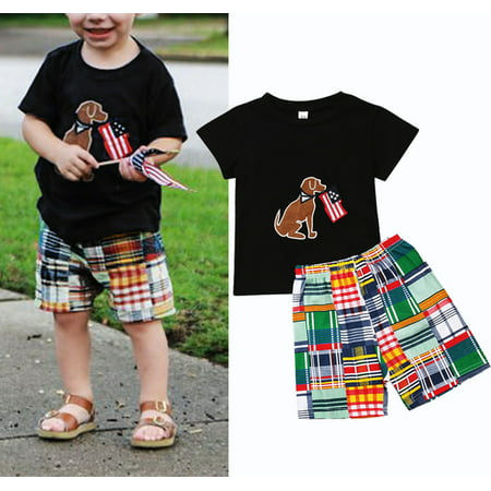 Casual Toddler Kids Boy Summer Tops T-shirt Plaid Shorts Outfits Set