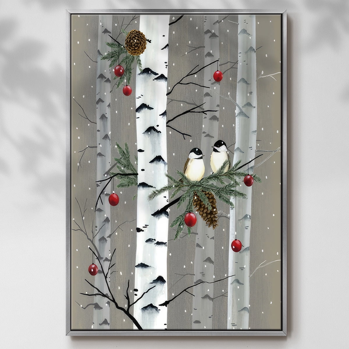 Birch Birds I - Framed Gallery Wrapped Holiday Canvas - 27 x 41 - Silver Frame
