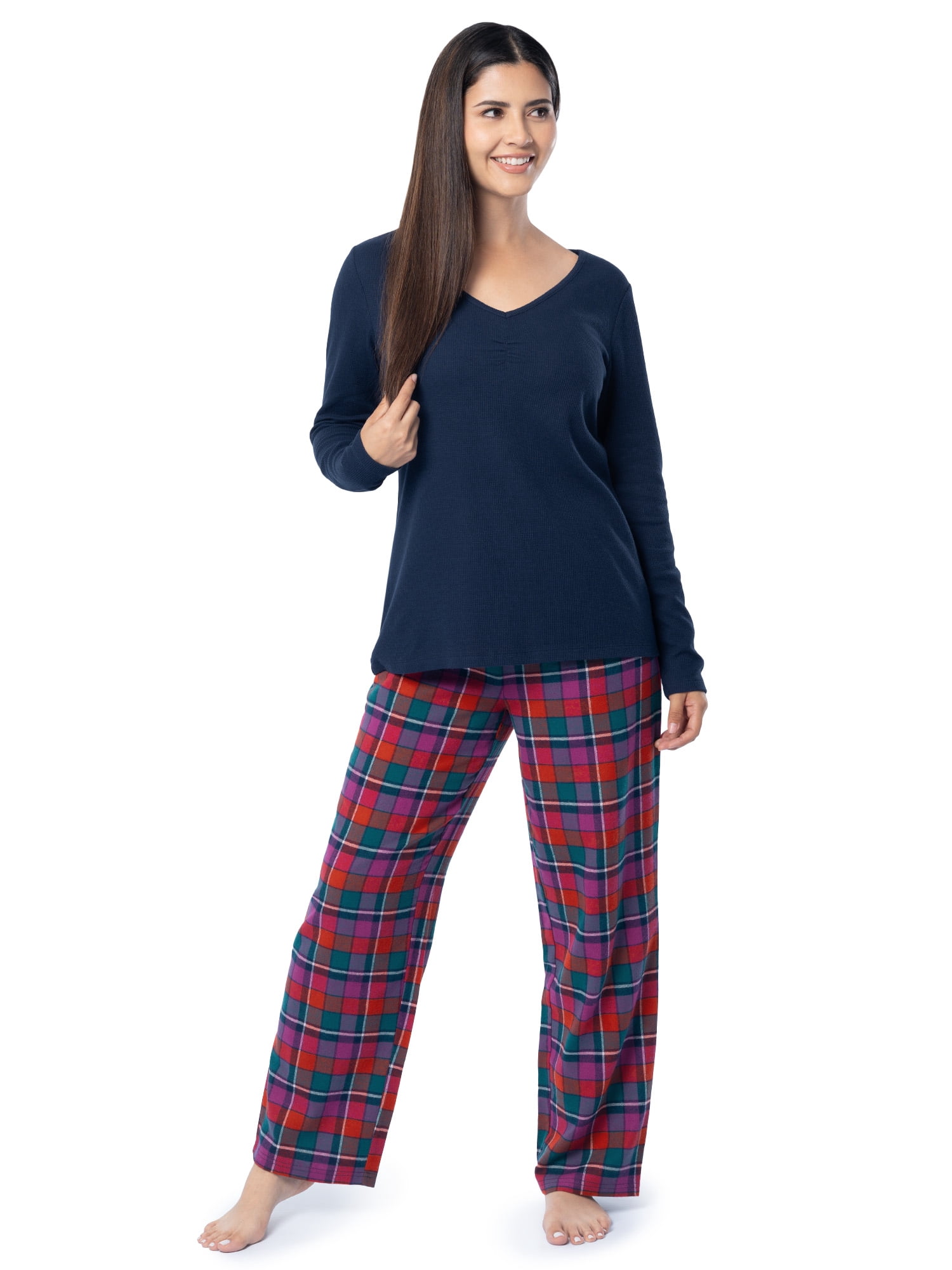 Fruit of the Loom Women's Beyond Soft Long Sleeve Waffle Top and Flannel Bottom Pajama Set, Sizes S-4X