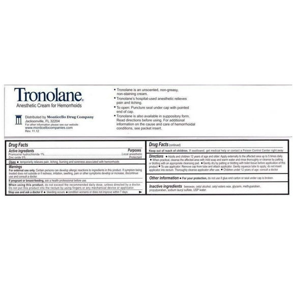 Tronolane Anesthetic Cream for Hemorrhoids 1 oz (Pack of 2)