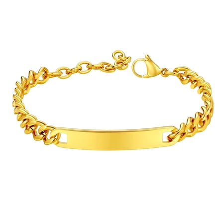 FindChic ID Bracelets for Women 14K Gold Plated Stainless Steel Blank Bar Bracelet Cuban Link Chain Bangle Birthday Mothers Day Jewelry Gifts Her Mom Wife Adults Ideas, 7inch
