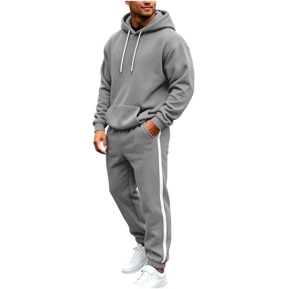 Jerdar Men Casual Pullover Hooded Sports Solid Long Sleeve Trousers Two-Piece Elastic Waist Patchwork Trousers Tracksuit Soft Sweatshirt Set