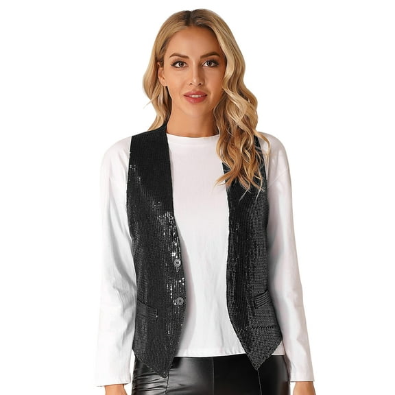 TiaoBug Womens Shiny Sequins Vest Button Sleeveless Jacket Nightclub Prom Party Waistcoat Black 4XL