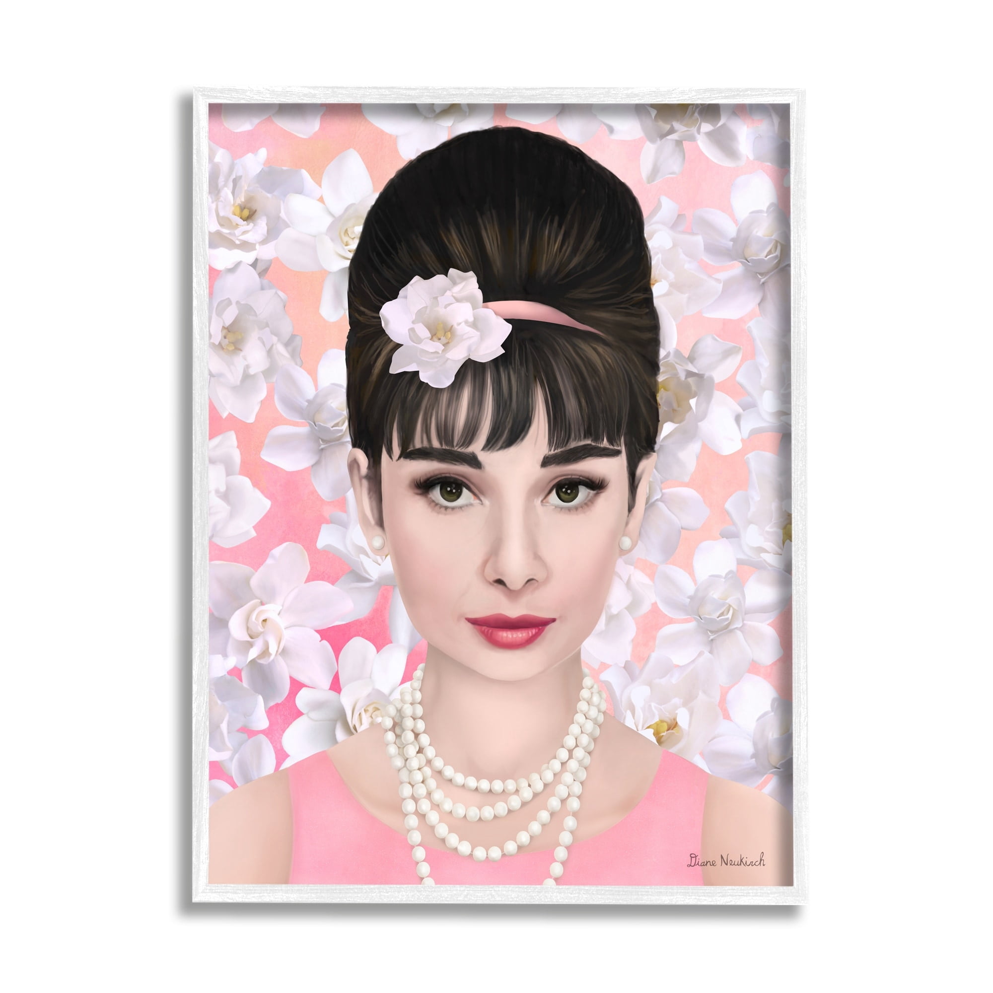 Stupell Industries Audrey Hepburn Polished Fashion Accessories Floral Pattern Graphic Art White Framed Art Print Wall Art, Design by Diane Neukirch