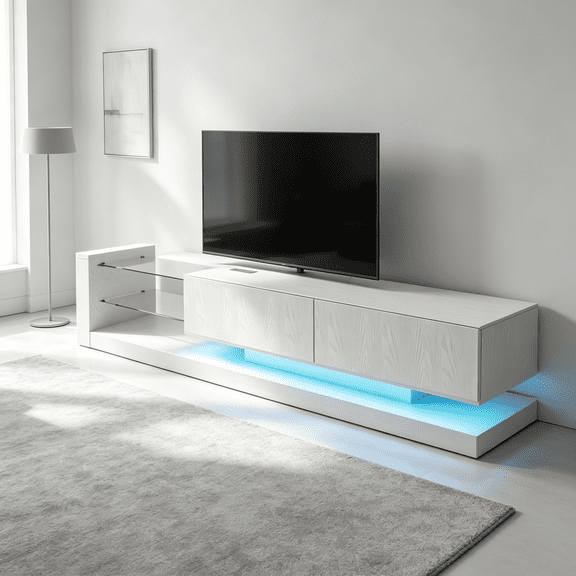 SAYGOGO LED TV Stand for up to 75 Inch TV, White | Entertainment Center with Power Outlet & Storage, for Living Room