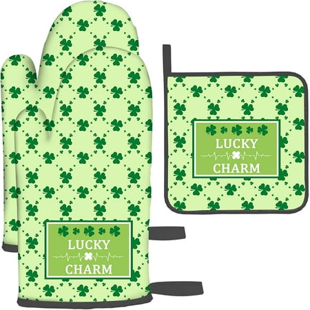

Patricks Oven Mitts and Pot Holders Sets St. Patricks Funny Kitchen Oven Mitts Heat Resistant of 500 Degrees Green Hot Pads and Oven Mitts Sets for Baking Cooking BBQ Grilling(4Pcs Set)