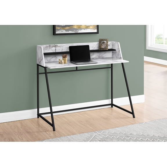Computer Desk - Small Hutch / 1 Shelf / Trapezoid-Shaped Legs - 48"L - White Marble-Look / Black
