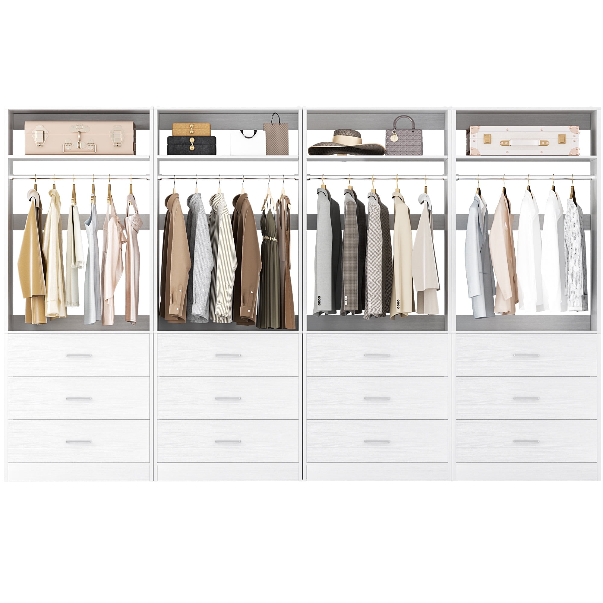 Homieasy 8FT (96 Inch) Closet Organizer System,Set of 4 - 12 Wood Drawers, 4 Hanging Rods & 4 Shelves, Heavy Duty Walk-in Closet Storage, White