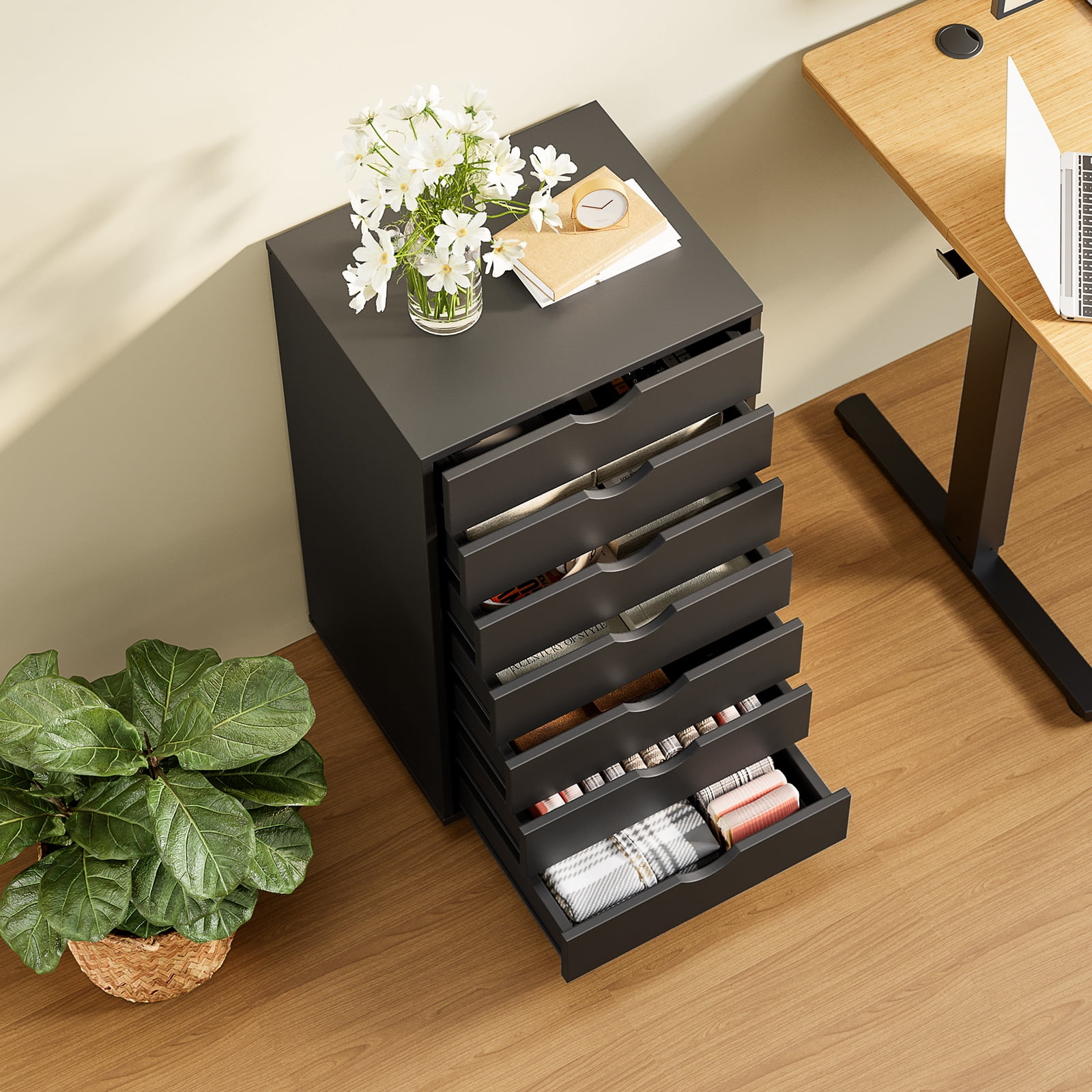 EDX 7 Drawer Chest File Cabinet, Mobile Storage Organizer Wood Dresser Printer Stand for Home Office, Black