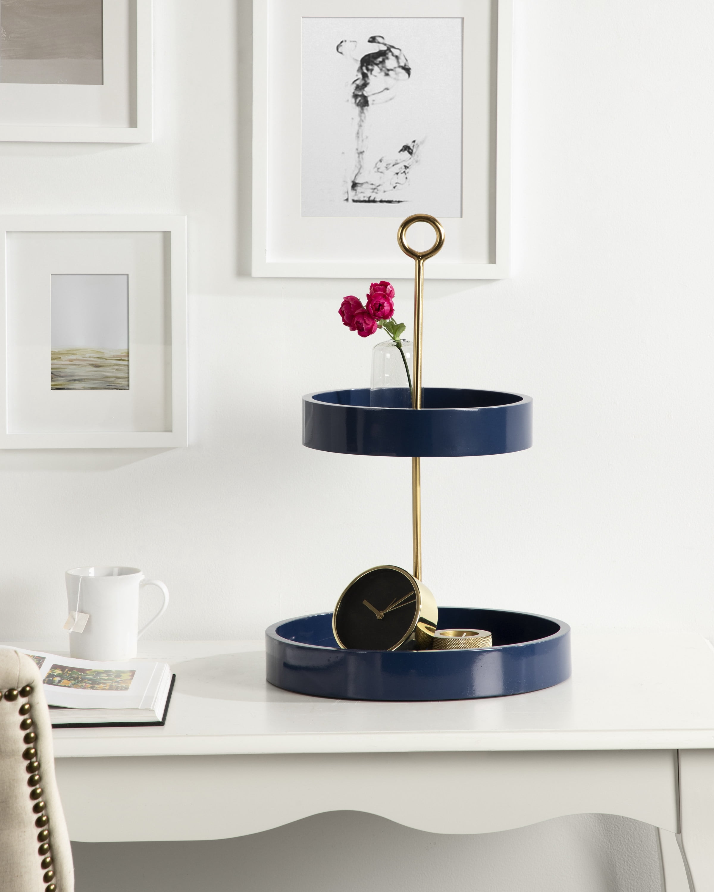 Kate and Laurel Lipton Modern Two Tier Tray, 13 x 13 x 20, Navy and Gold, Glam Decorative Tray