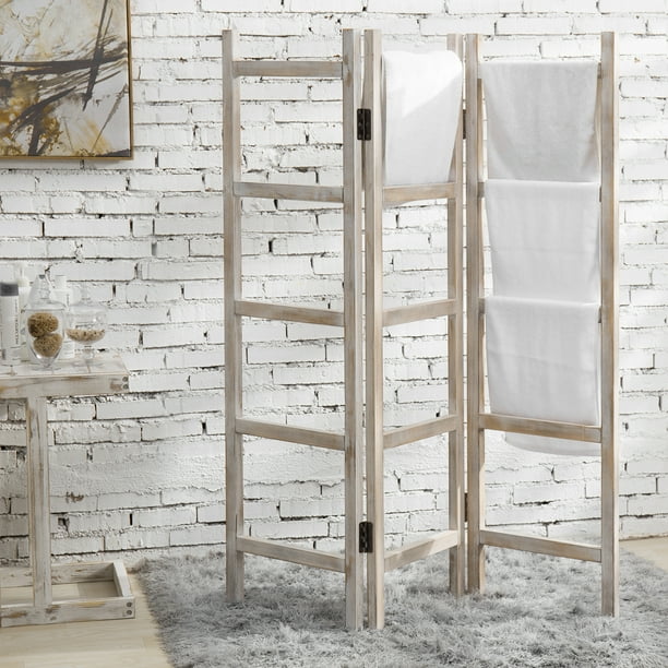 MyGift 3Panel Vintage Whitewashed Wood Ladder Style Blanket & Towel