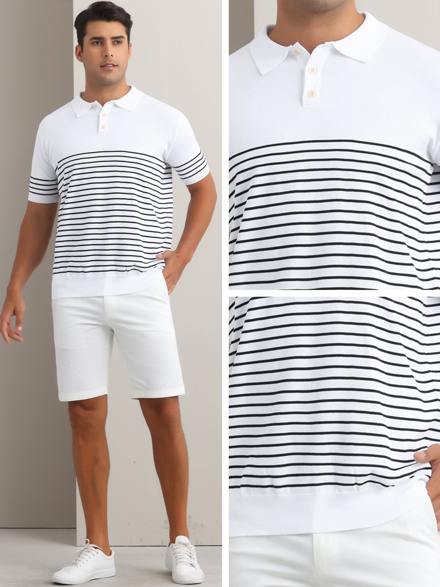DARING DIVA Men's Knit Polo Short Sleeve Striped Golf Casual Collared T Shirt L White