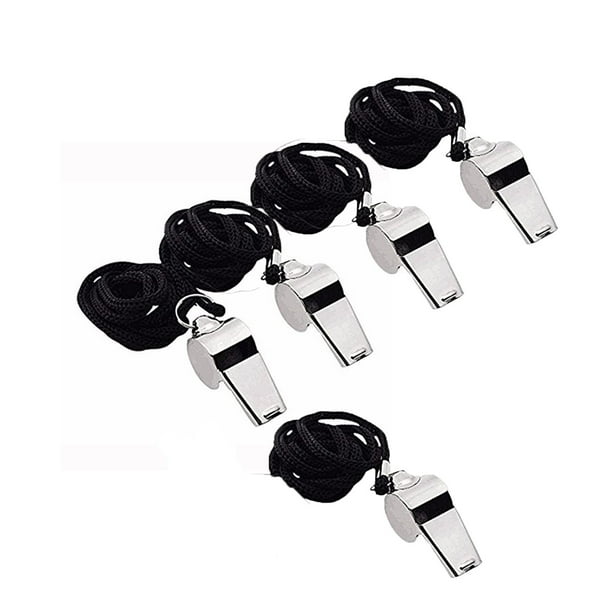 Silbatos de Árbitro de Acero Inoxidable (Paquete de 5) con Cordones | Silbatos Deportivos Metálicos para Fútbol, Baloncesto, Fútbol Americano, Entrenamiento, Escuela | Sonido Nítido, Seguridad Durade