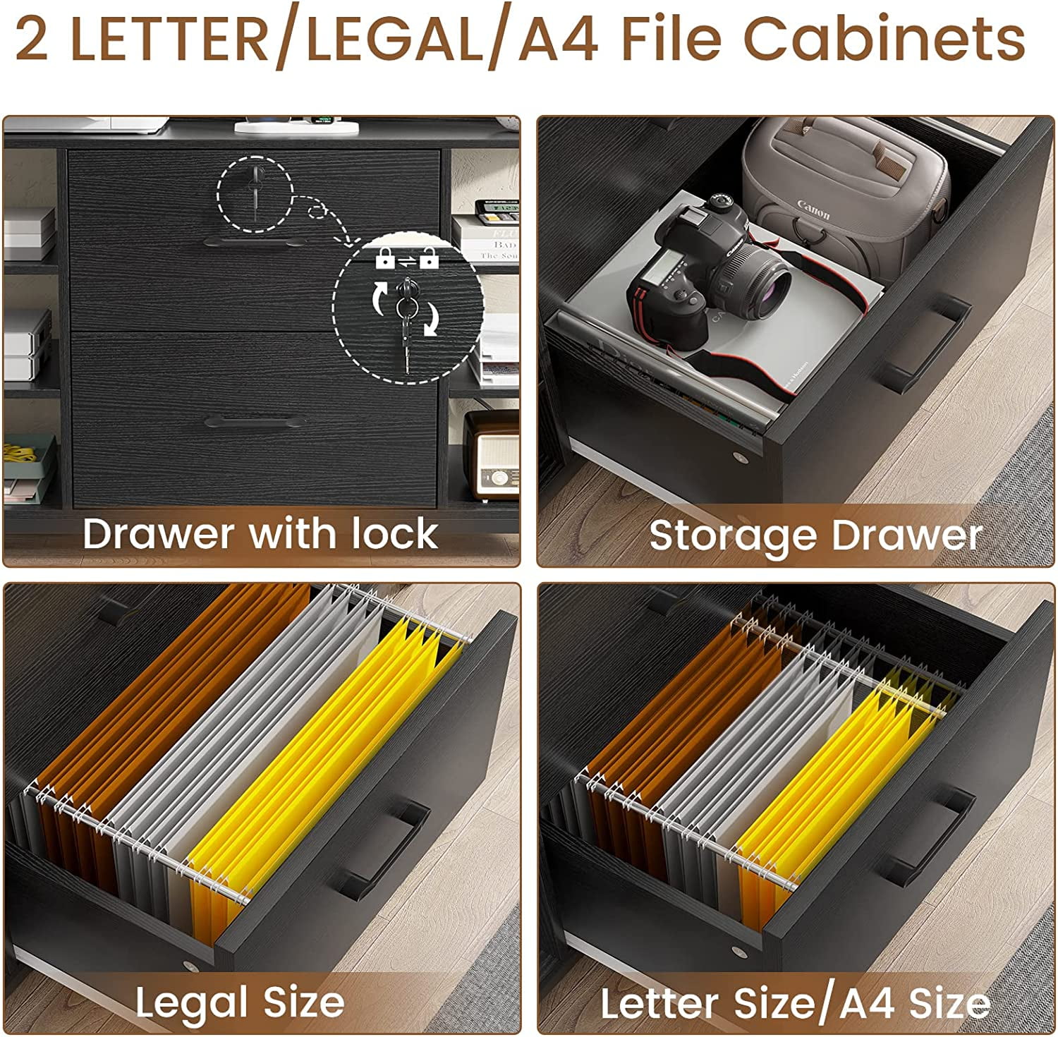 44" File Cabinet, Filing Cabinets fits Legal, Letter, A4 Size, 2 Drawer Office File Cabinet for Home Office with Lock, Power Strip, 6 Adjustable Shelves & 4 Hooks, Black