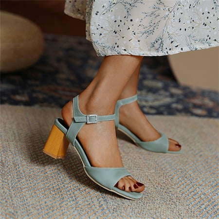 

Cathalem Ladies Fashion Solid Color Leather Open Toe Rhinestone Buckle High Heel Sandals Womens Cat Slippers Green 7