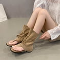 thumbnail image 2 of FRSASU Womens Tassel Embellished Flip Summer Boots Vintage Open Toe Flat with Slip On Mid-calf Booties Khaki, 2 of 9