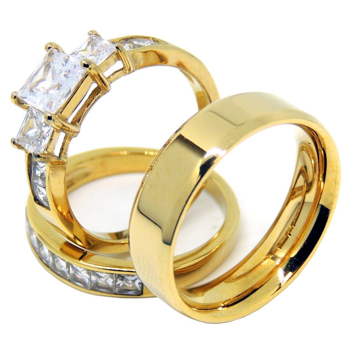 His & Hers 3 Piece 14K Gold Plated Stainless Steel CZ Wedding Ring Band Set 