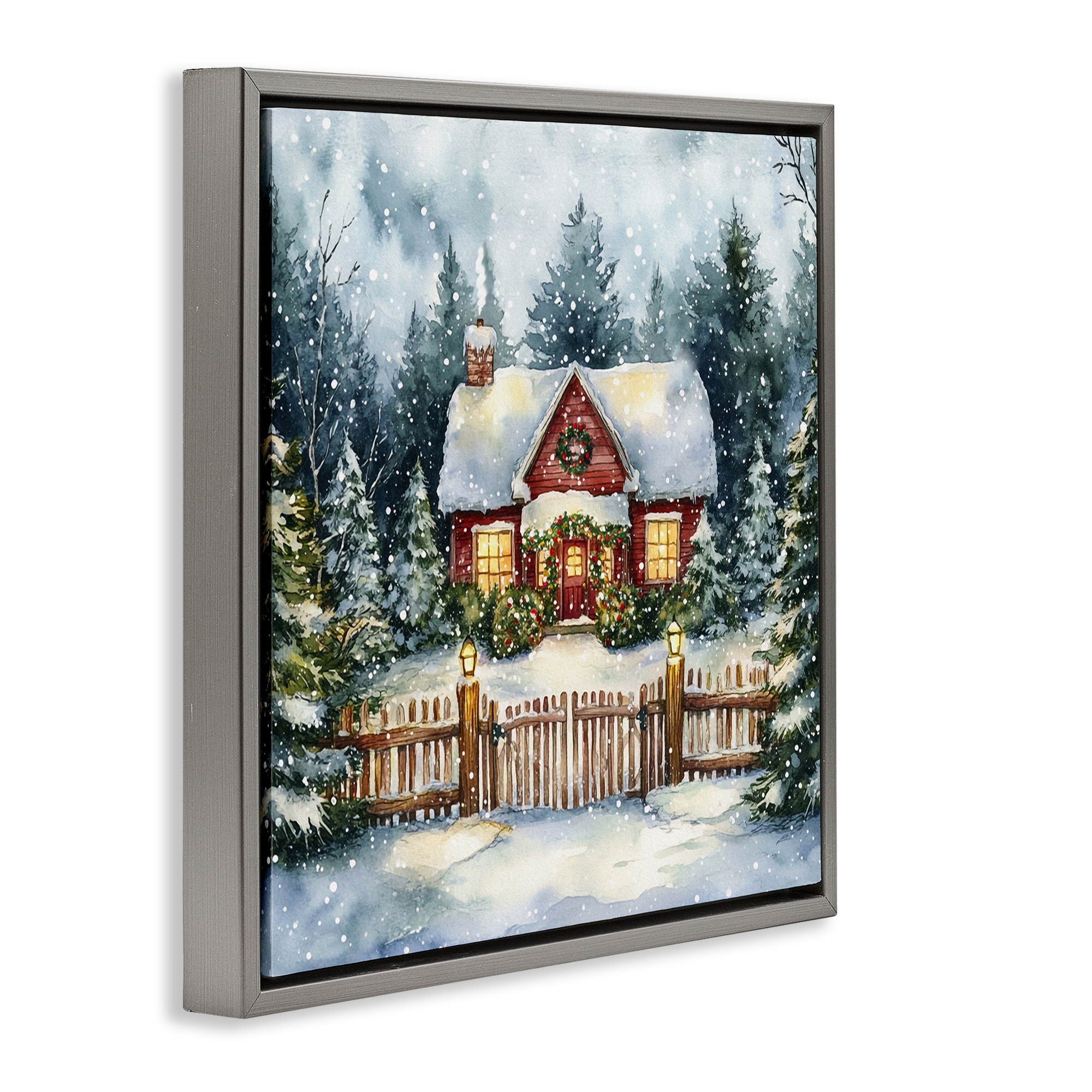 Stupell Industries Scenic Winter Cottage Holiday Painting Gray Floater Framed Canvas Art Prints Wall Art, 25 x 25