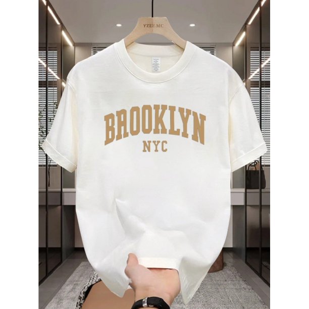 Men'S Cotton T-Shirt Brooklyn NYC Print, Casual Crew Neck Short Sleeve Top, All-Season Comfort Fit, 100% Cotton Knit Fabric, Regular Fit Solid Color Tee