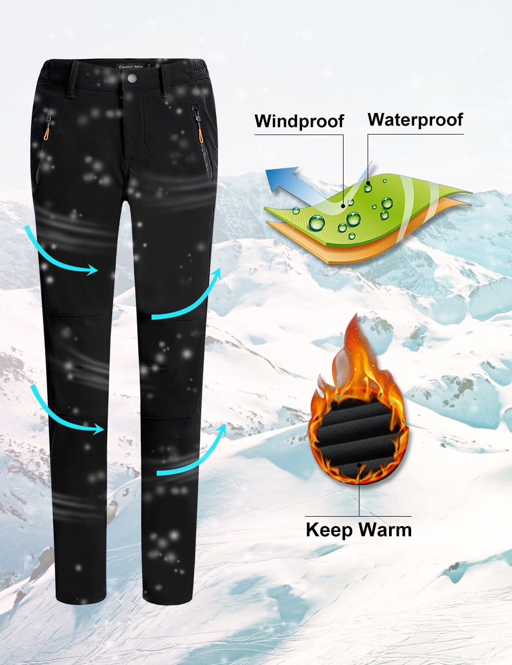 Camii Mia Snow Pants for Women Windproof Waterproof Ski Fleece