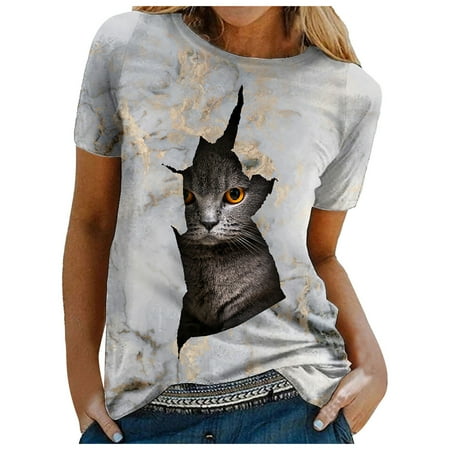 

Womens Blouses And Tops Dressy Fashion Woman Causal Rounk Neck Printing Blouse Short Sleeve T-Shirt Summer Tops Vintage Tees for Women Gray S