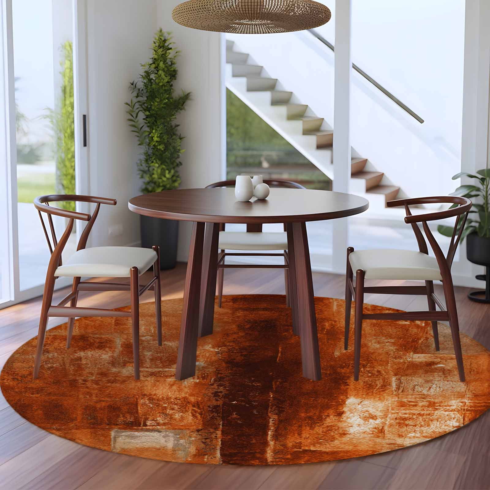 Burnt Orange 8ft Round Rug, Oil Painting Abstract Modern Vintage Non-Skid Rubber Backing Large Area Rugs - Living Room Bedroom Home Office, Indoor Floor Mat Carpets Washable Rug